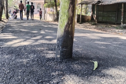 মাঝখানে বিদ্যুতের খুঁটি রেখে সড়কের কাজ সমাপ্ত