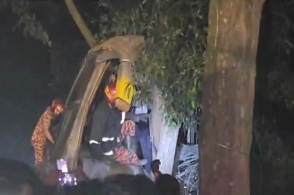 ভ্যান বাঁচাতে গিয়ে গাছের সাথে বাসের ধাক্কা, নিহত ১, গুরুতর আহত ১০